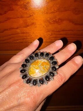 Sterling Silver Yellow Jasper and Black Onyx Statement Ring